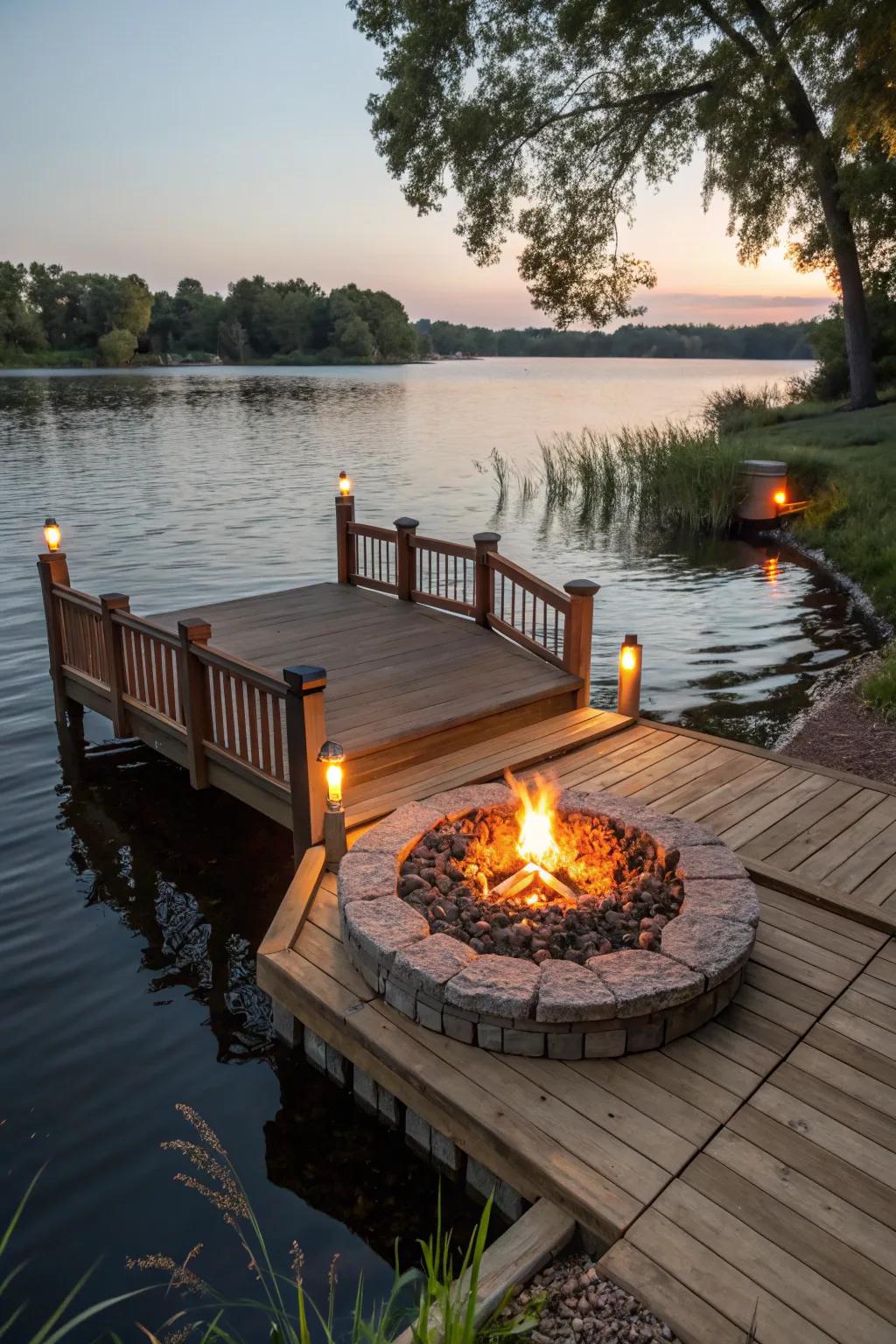 Transfigure your pond dock into the quintessential cozy haven through a stunning blaze pit centerpiece.