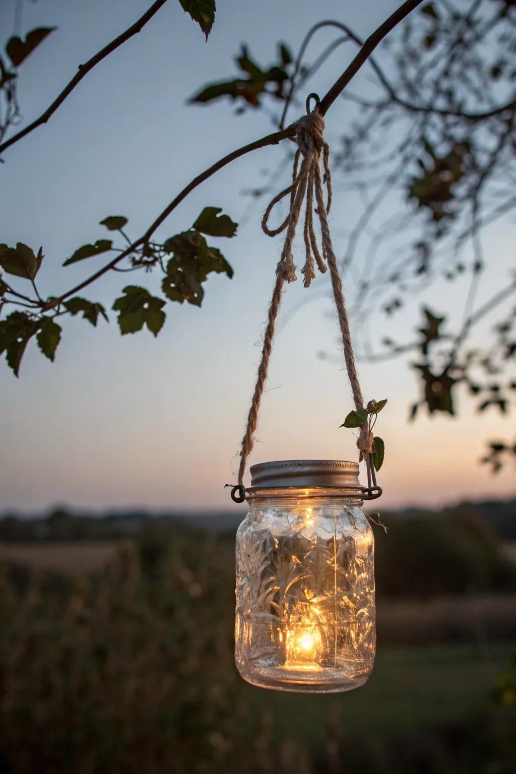 Bask in the captivating radiance of a handcrafted glass jar solar lantern during tranquil evenings.