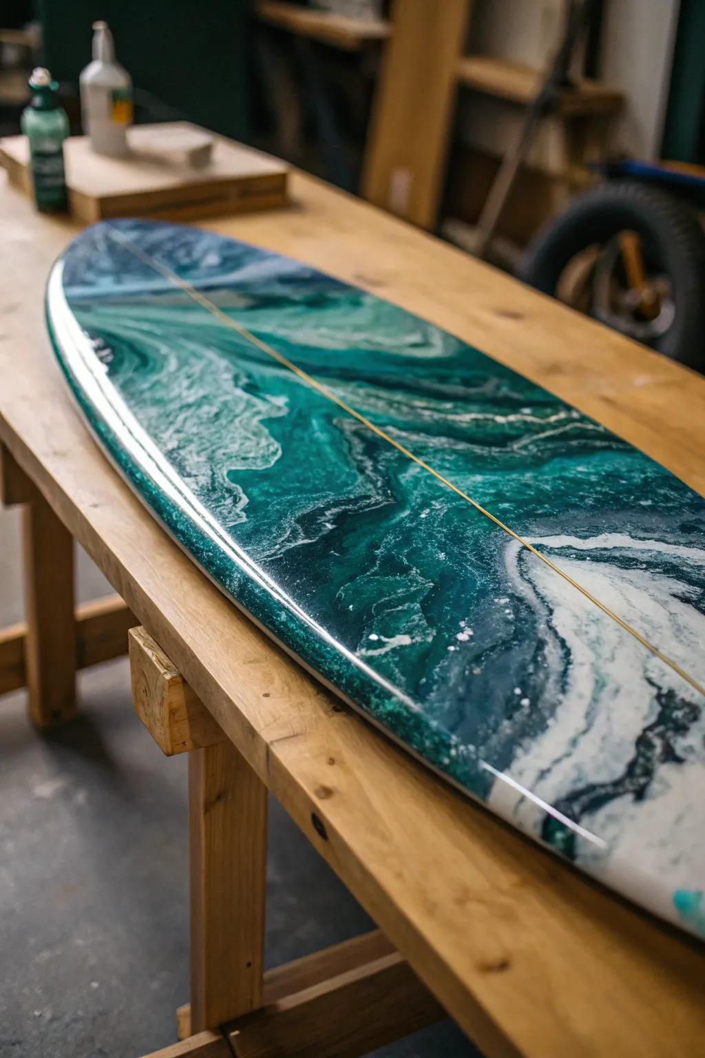 Immerse yourself in the artistry of the sea with this captivating marble-tinted surfboard, an authentic masterpiece of artistry.