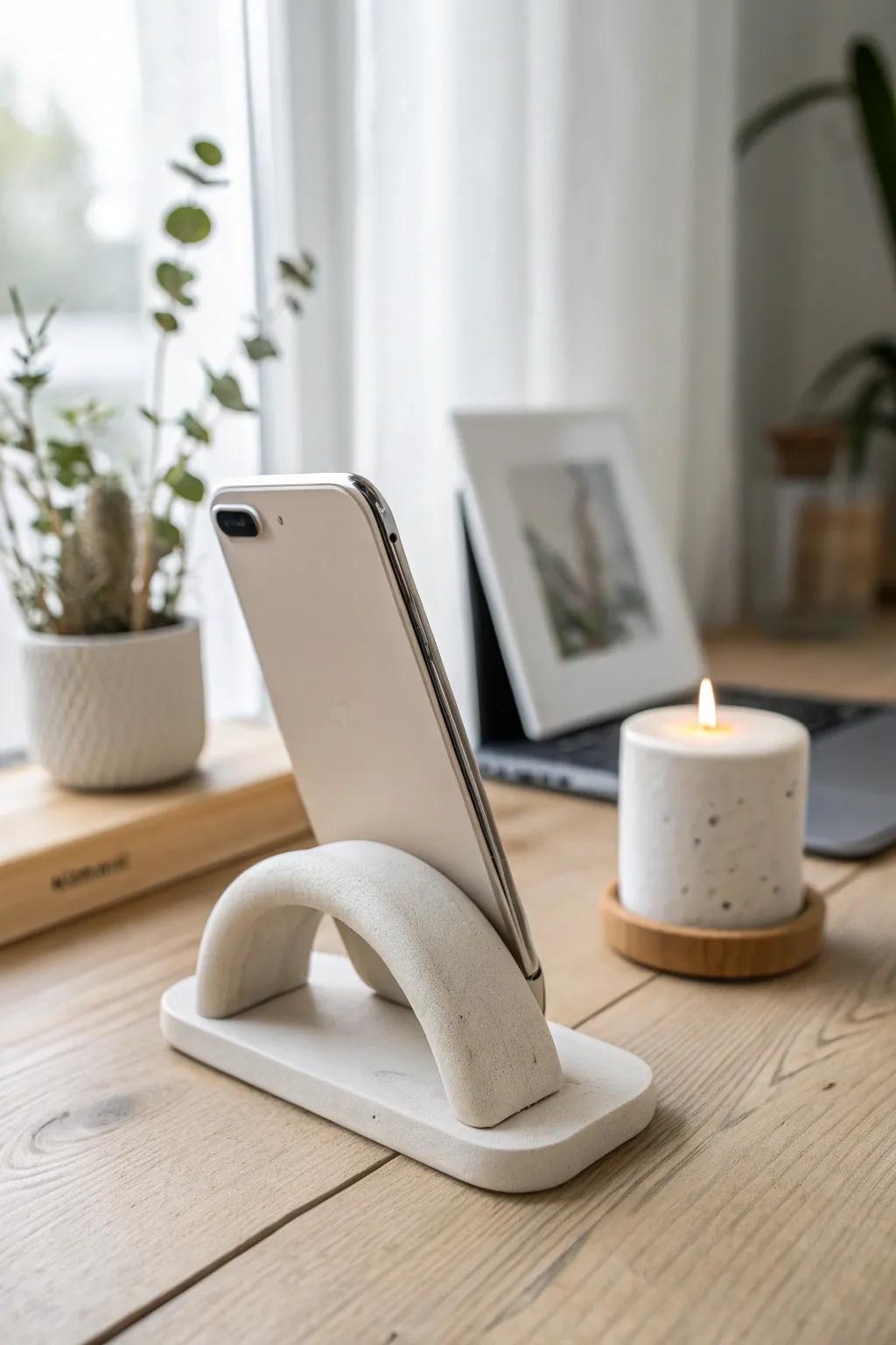 Elevate your workspace with this chic and minimalist clay mobile device stand, a perfect blend of practicality and style!