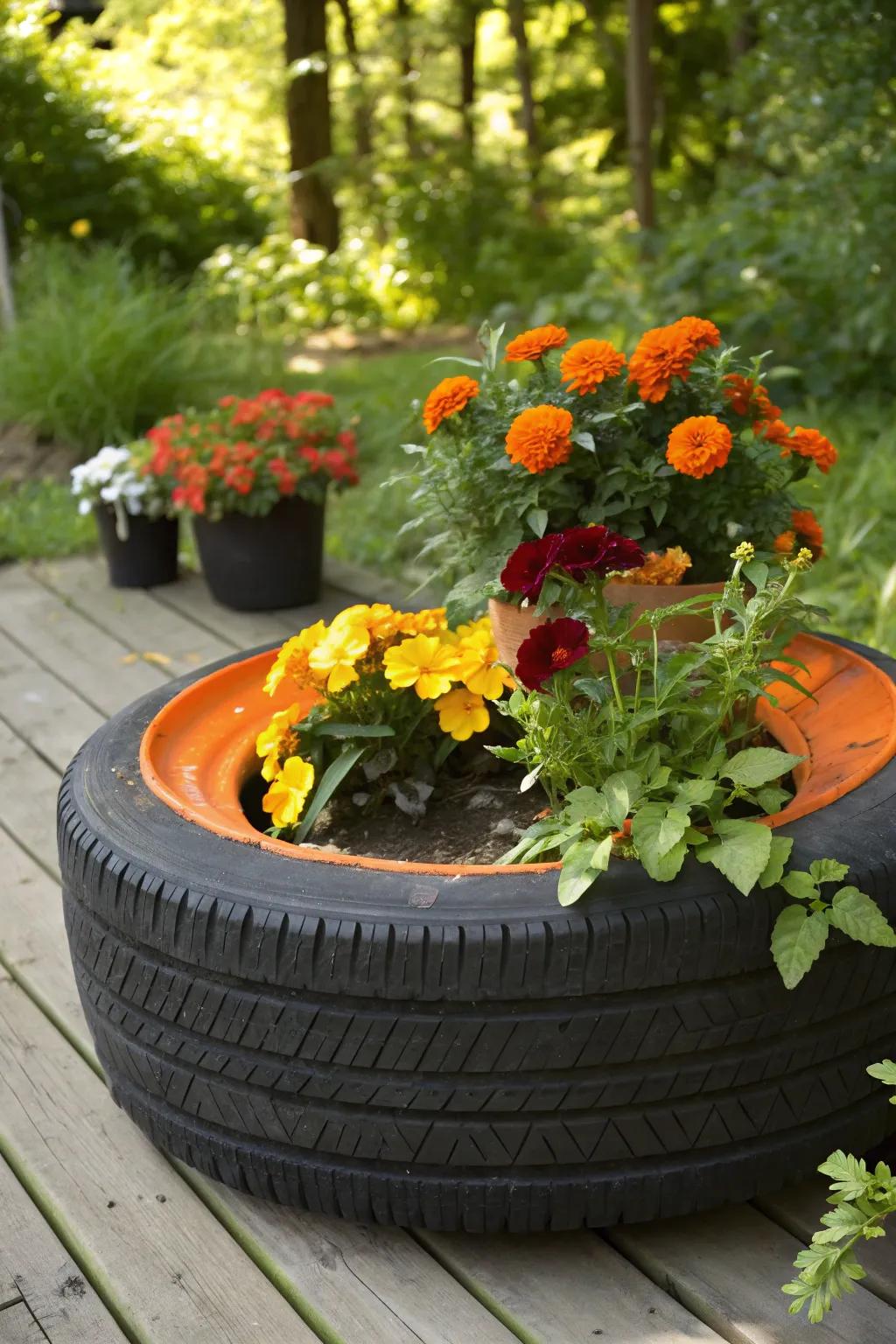Enhance your garden with striking tire planters—where handiwork meets vibrant color contrast!