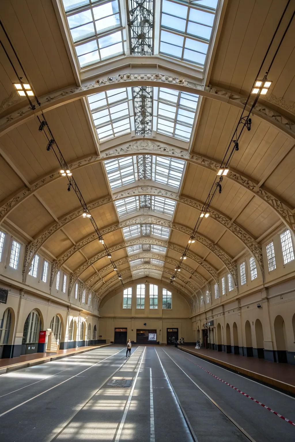 Track lighting and skylights synergistically create a magical lighting experience.