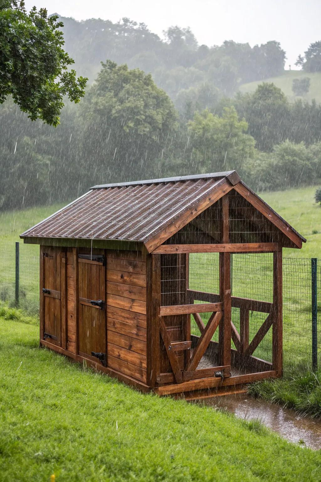 Building Comfort: A rustic shed offering refuge for turkeys on storm-ridden days.