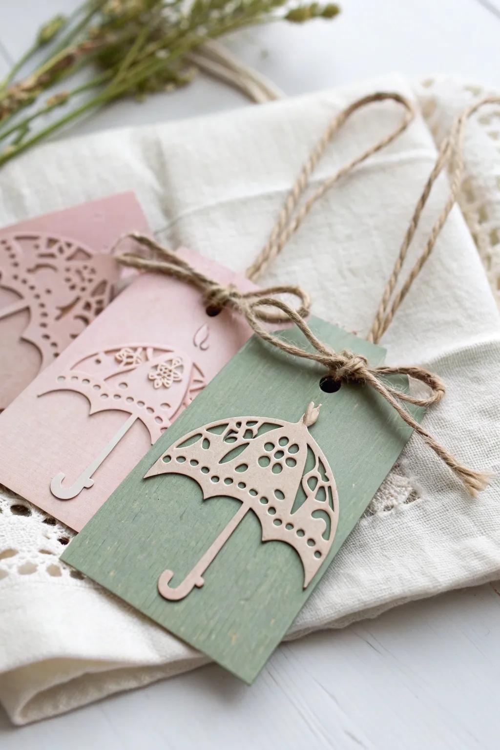 Add charm to your gifts with these delightful handmade umbrella gift tags, where minimalism meets craftsmanship.