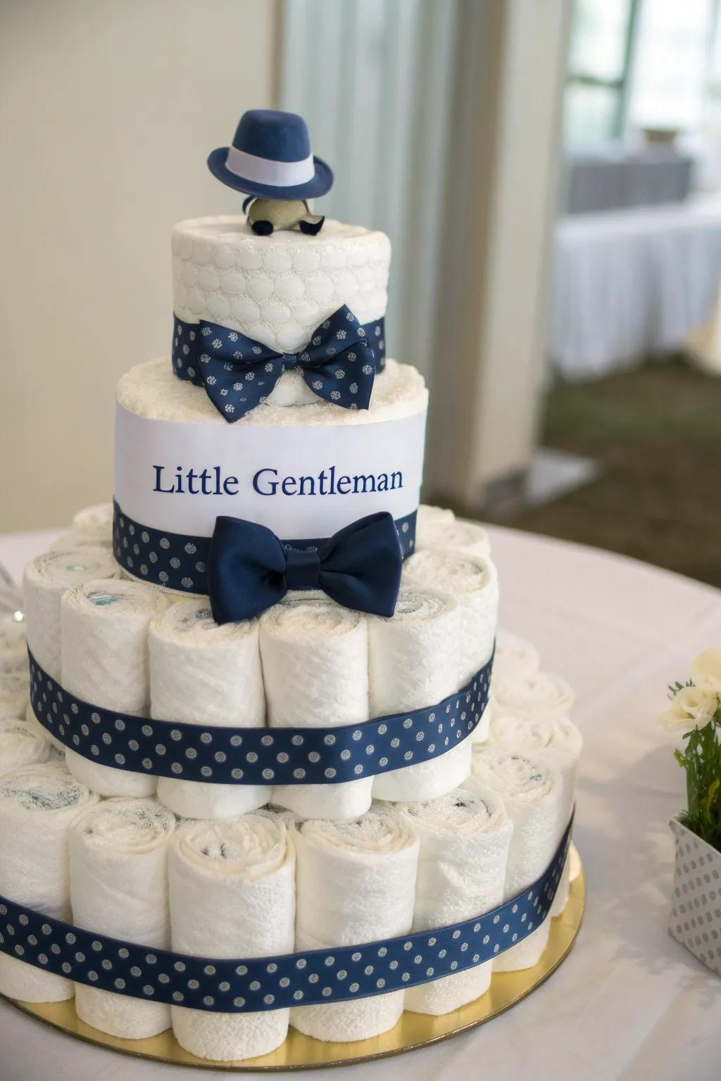 Dapper and delightful: The Young Man Diaper Sculpture, impeccable for an elegant touch at your upcoming baby celebration.