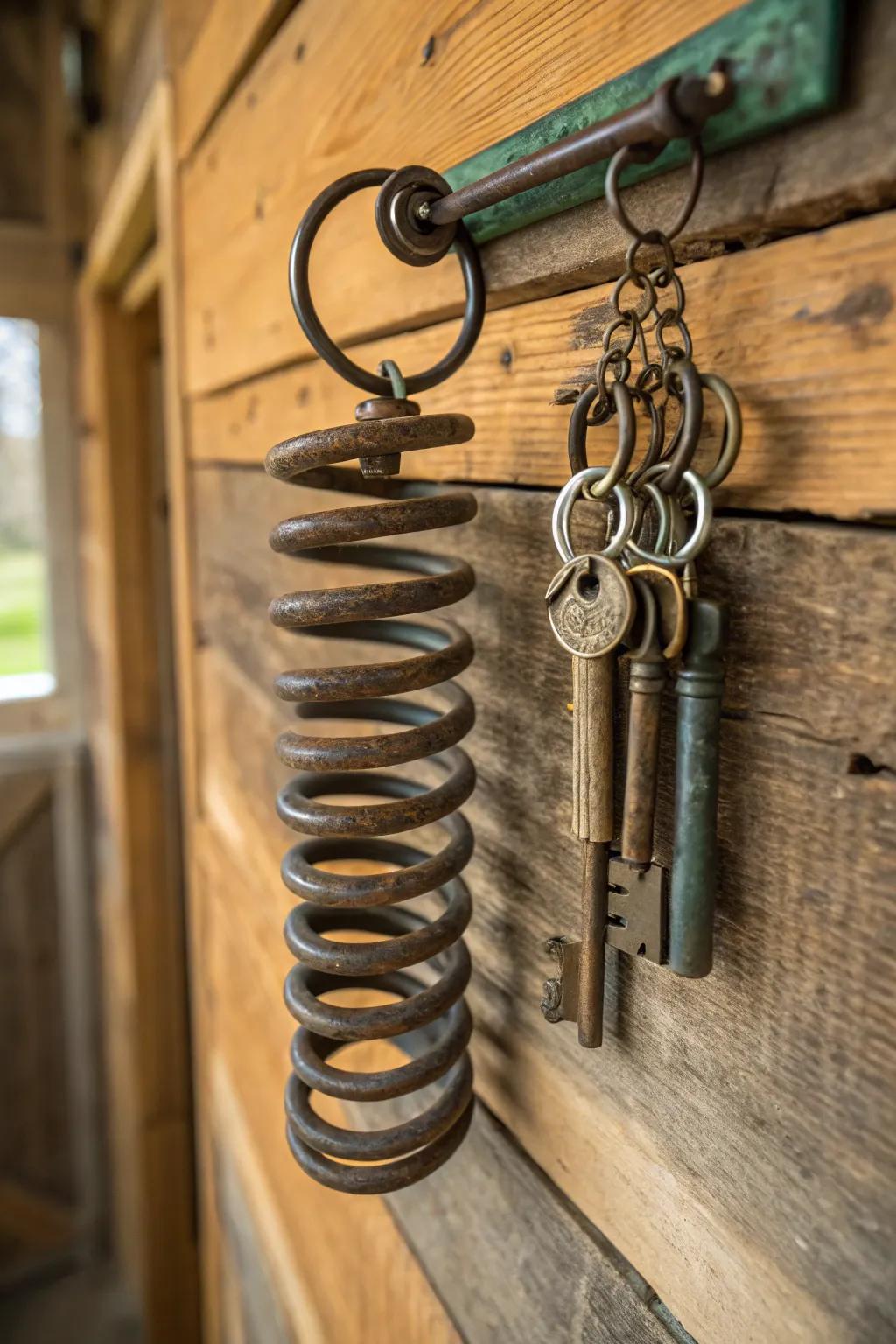 Transform utility into style through this unconventional key organizer fashioned from an aged trampoline spring.