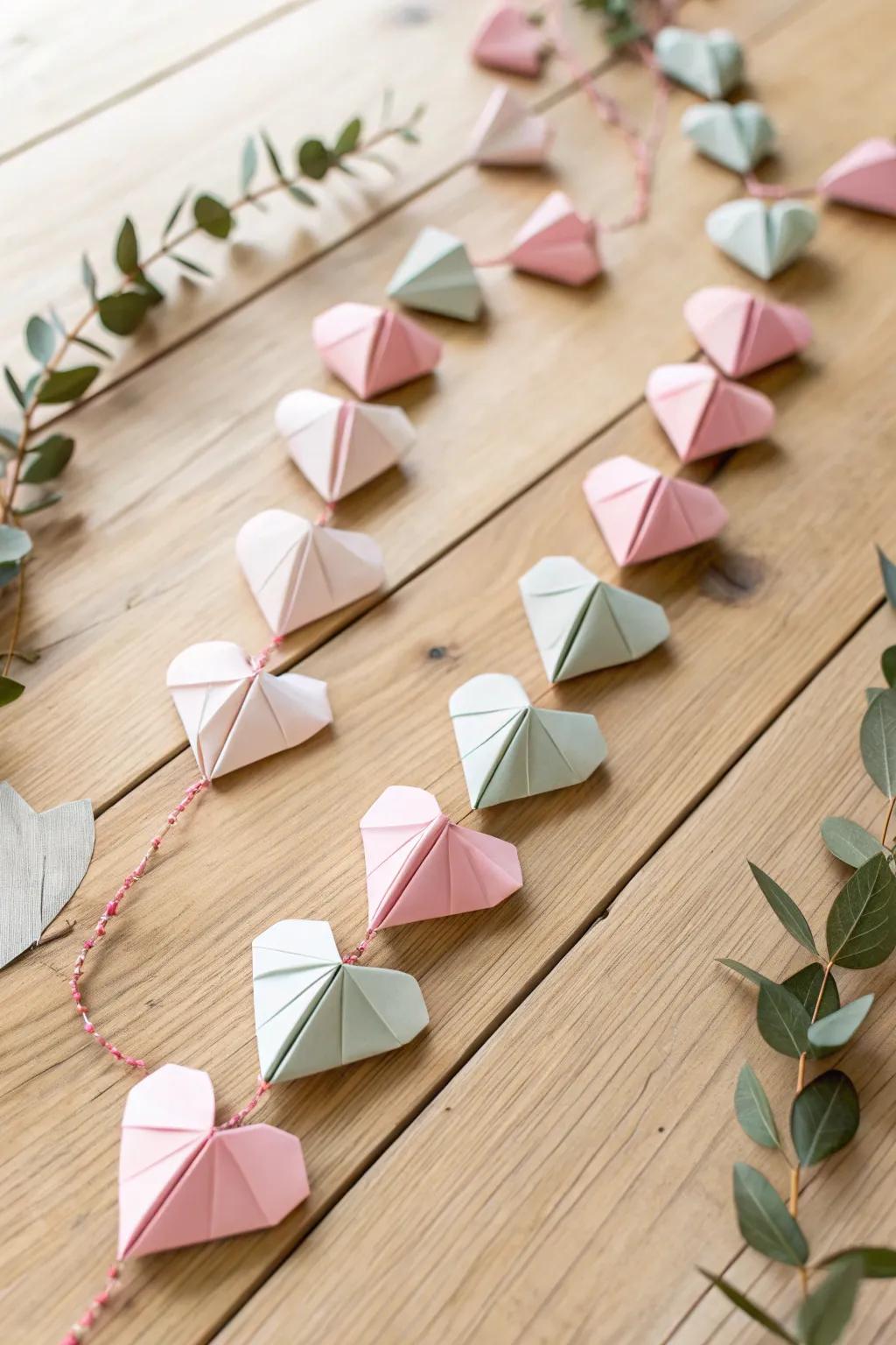 Whimsical Paper Folded Heart Festoon: Handmade elegance for your space.