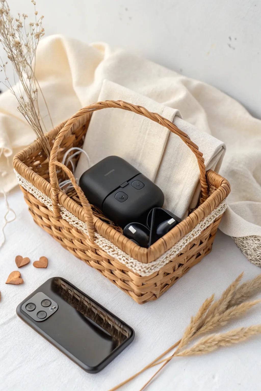 Upgrade his tech game using a stylish, sparse Valentine's gift basket. #TechLove #MinimalistGifts