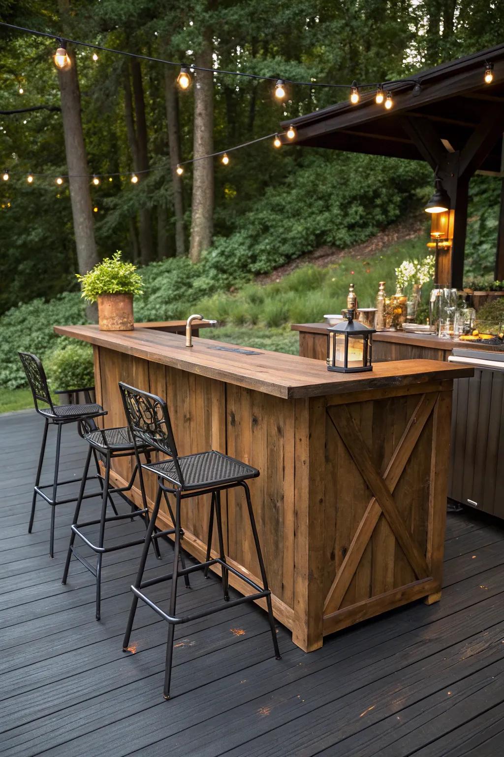Gather in style with this handcrafted outdoor bar on a modern vinyl floor — the perfect blend of craftsmanship and contemporary elegance.