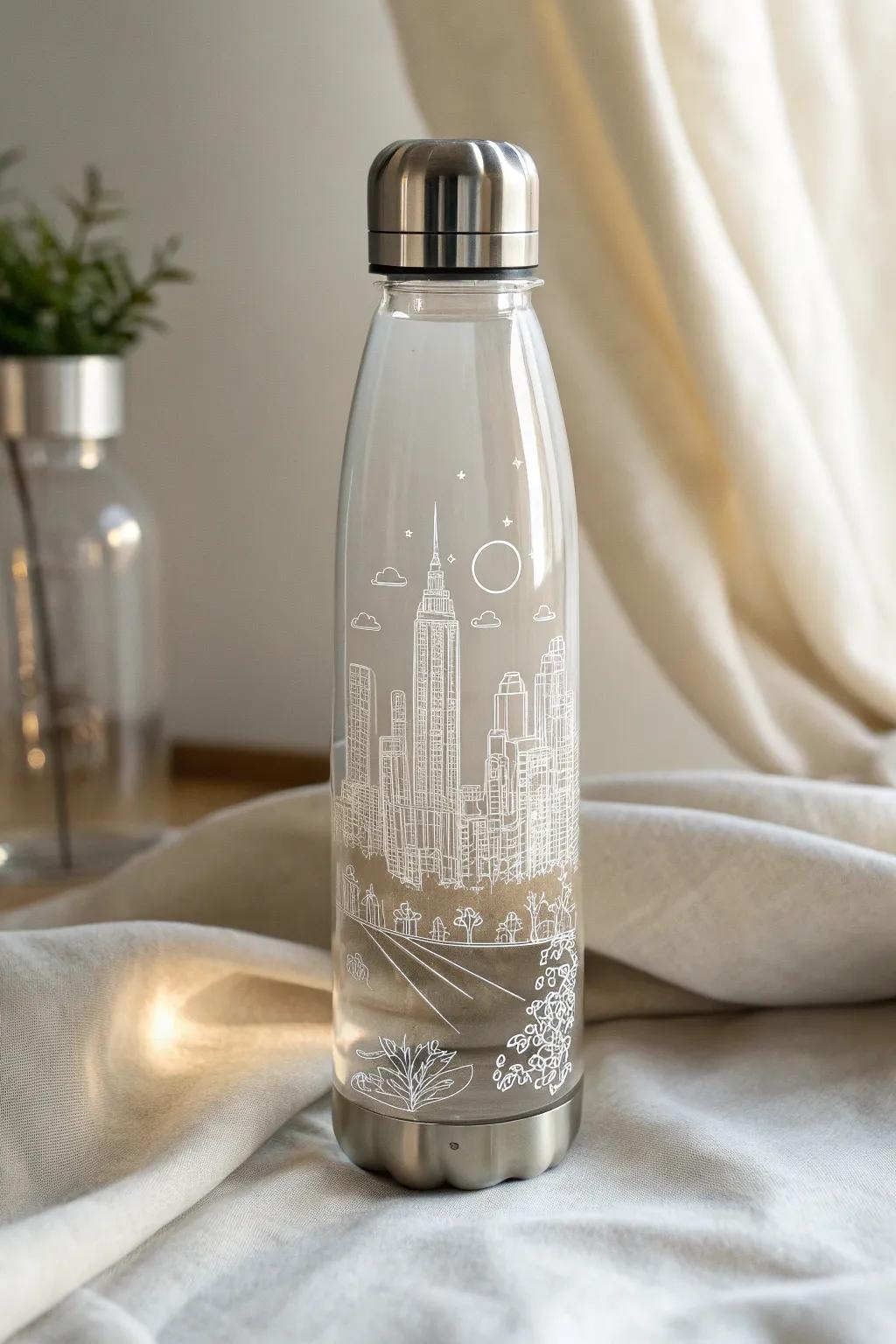 Elevate your hydration with minimalist elegance: a chic city skyline etched in simple line art.