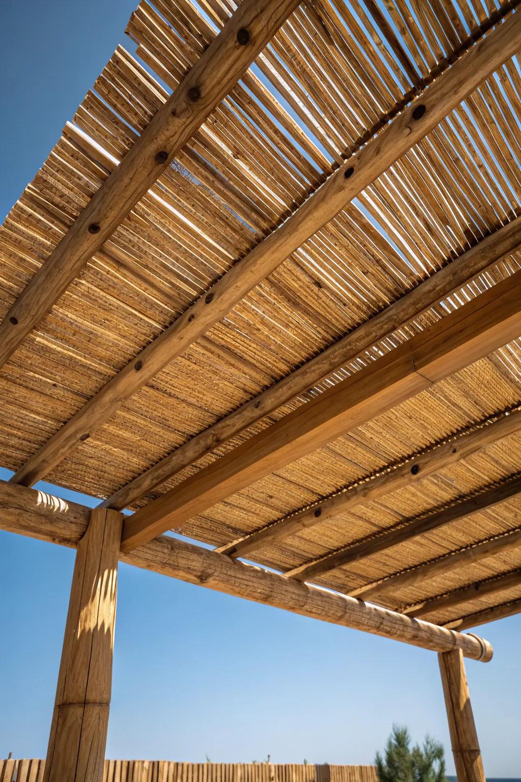 Embrace rustic charm with a stunning bamboo pergola roof, perfect for a serene outdoor hideaway.