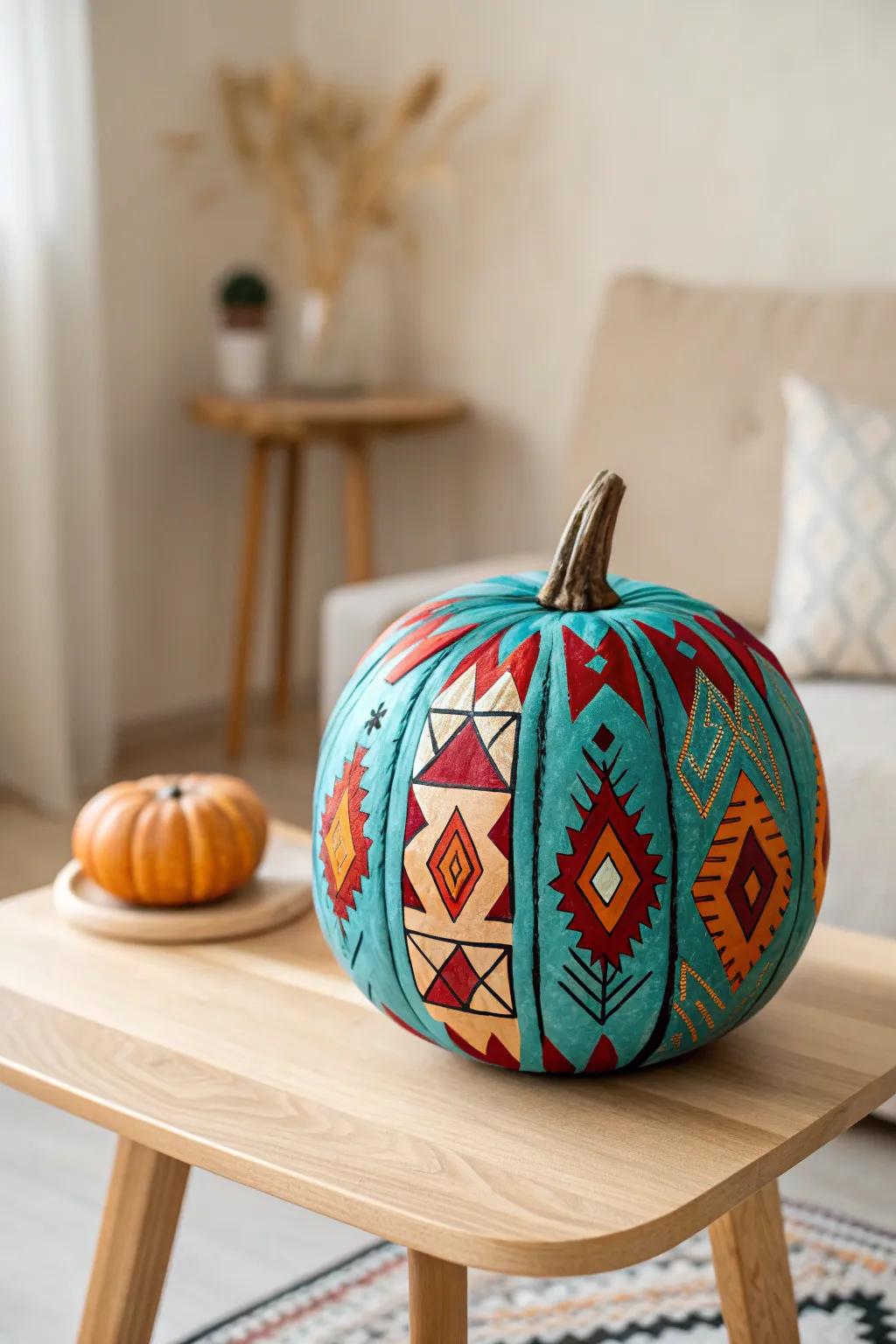 Contribute a burst of Southwestern charm to your décor with this beautifully painted pumpkin, ideal for a cozy, minimalist area.