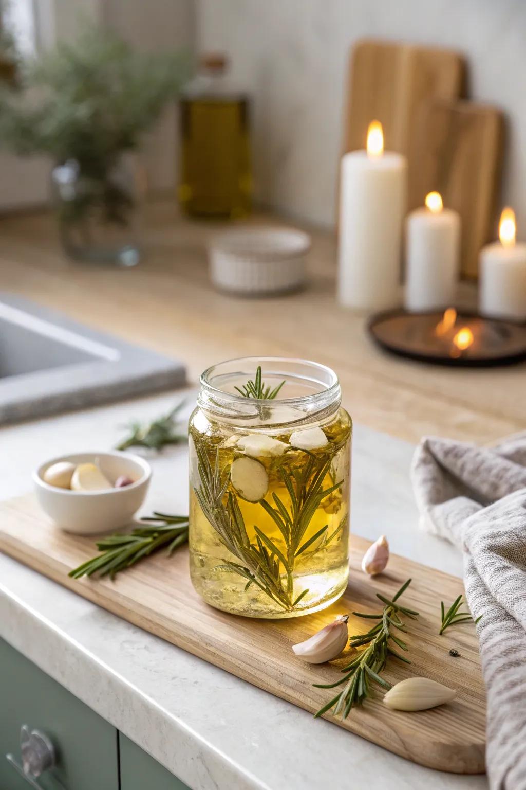 Transform your aged candle containers into stunning infused oil containers, introducing a hint of minimalist elegance within your kitchen.