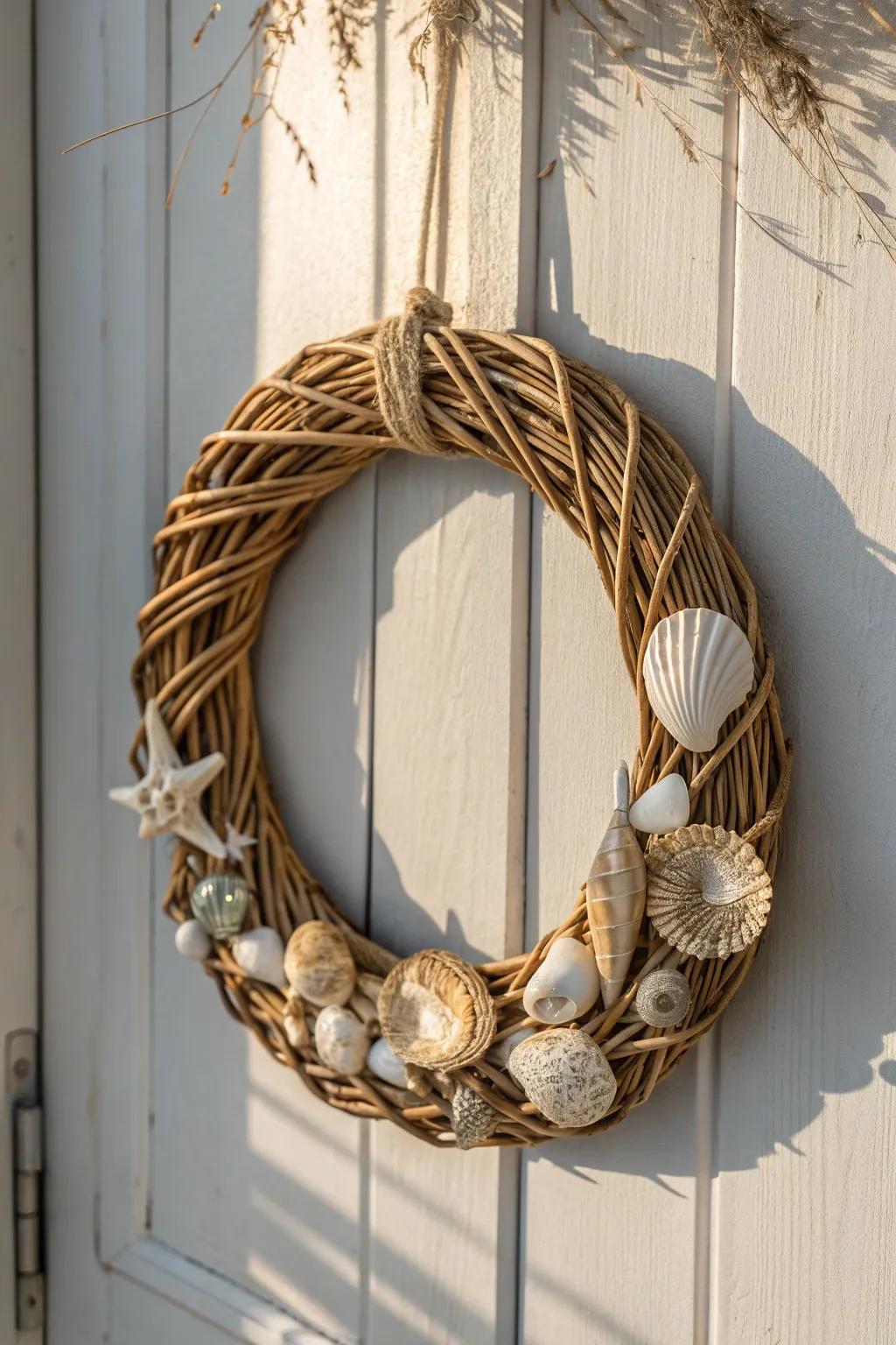 Bring the serene beauty of the coast into your home with this elegant ocean gem-adorned wicker wreath.