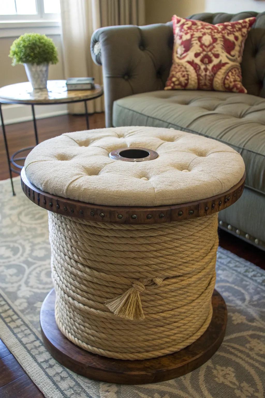 Elevate your living space with this handcrafted upcycled ottoman, a perfect blend of style and functionality.