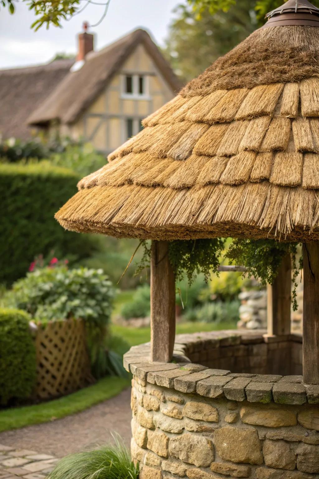 Elevate your garden with the timeless appeal of a handcrafted thatched roof wishing well.