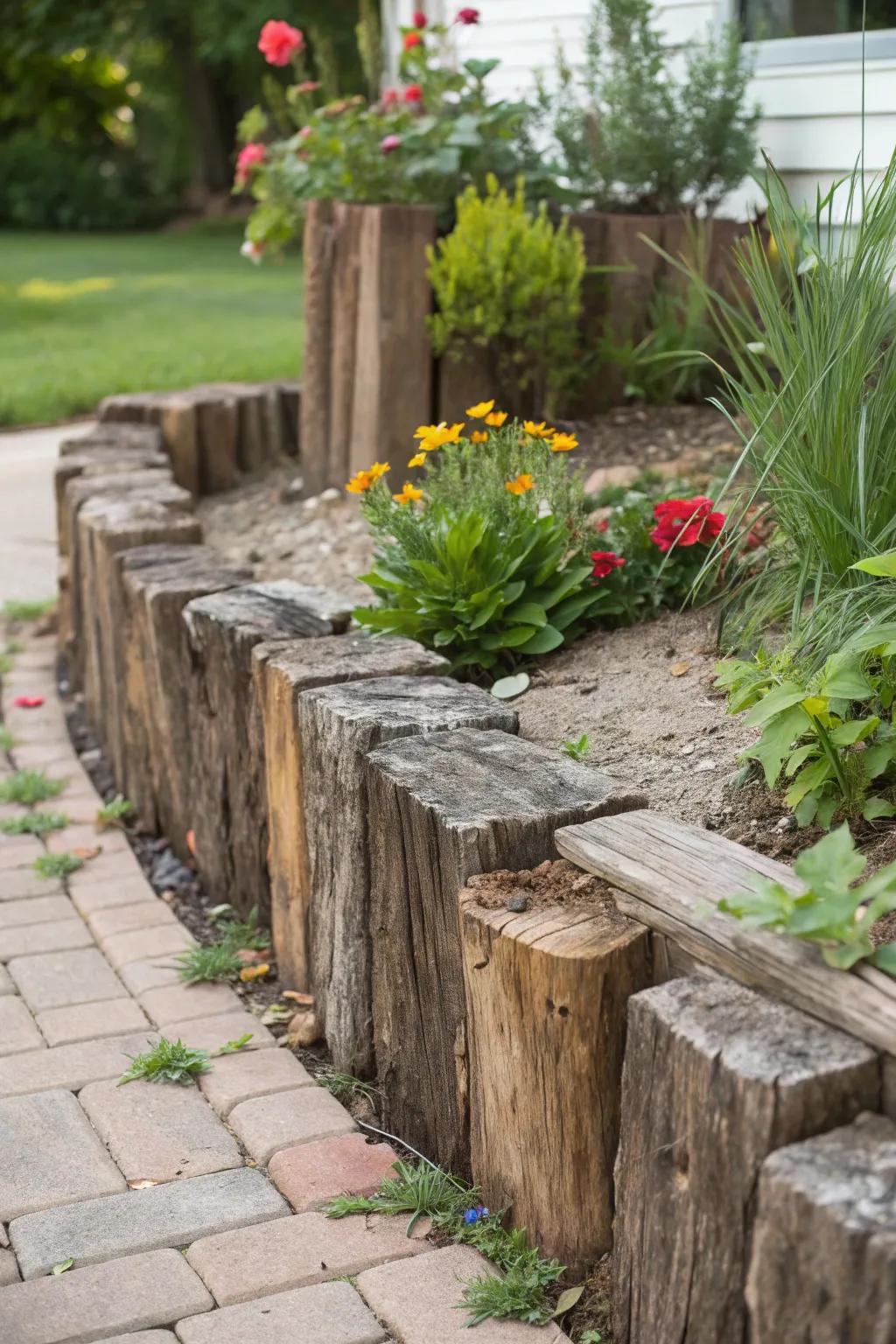 Revitalize your garden's appeal through the timeless charm of salvaged lumber edging.