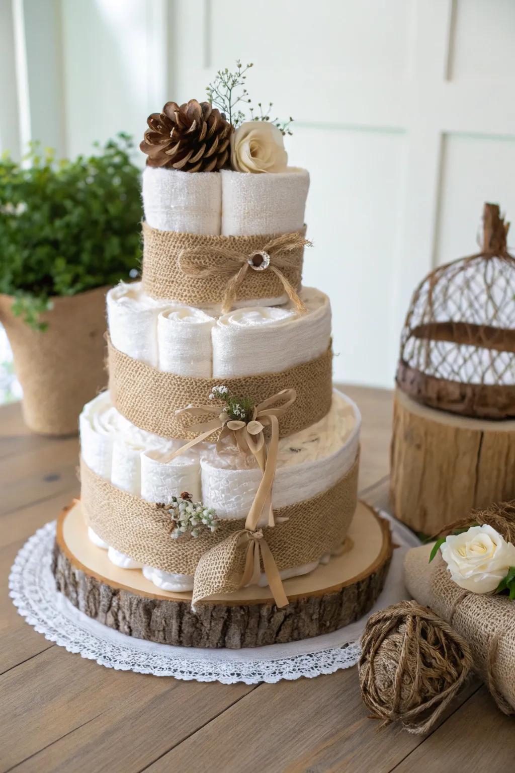 Rustic sophistication: A hessian and lacework arboreal nappy cake for your forthcoming baby welcoming centerpiece.