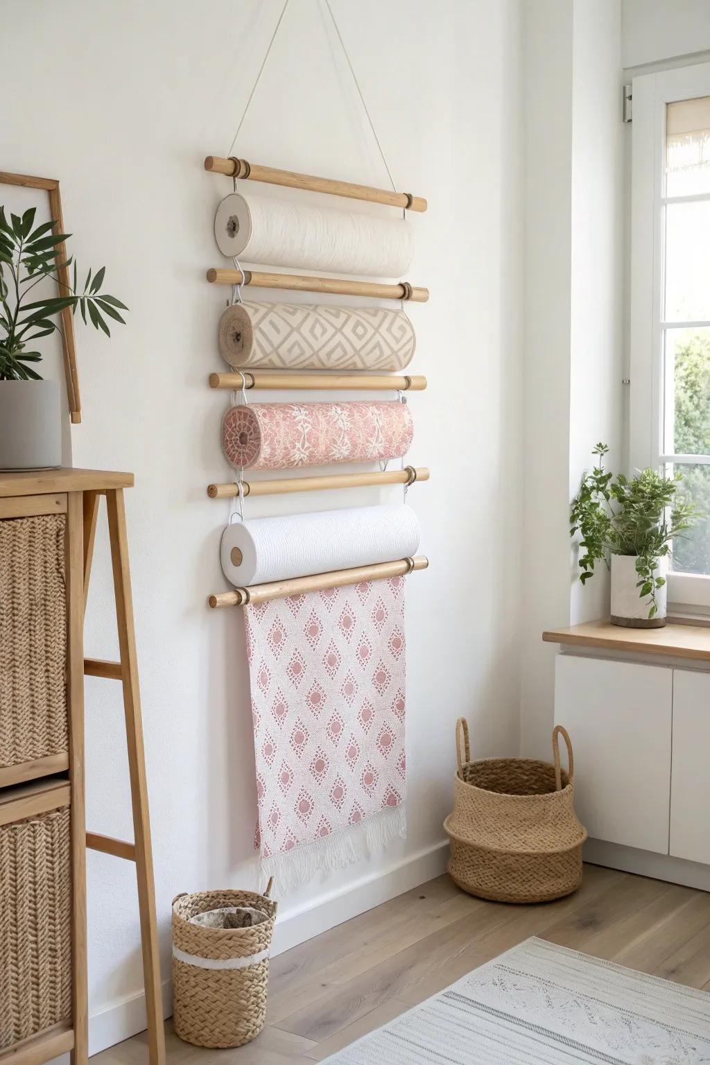 Turn your gift wrap into stunning wall decor, blending functionality with beauty in your living area!