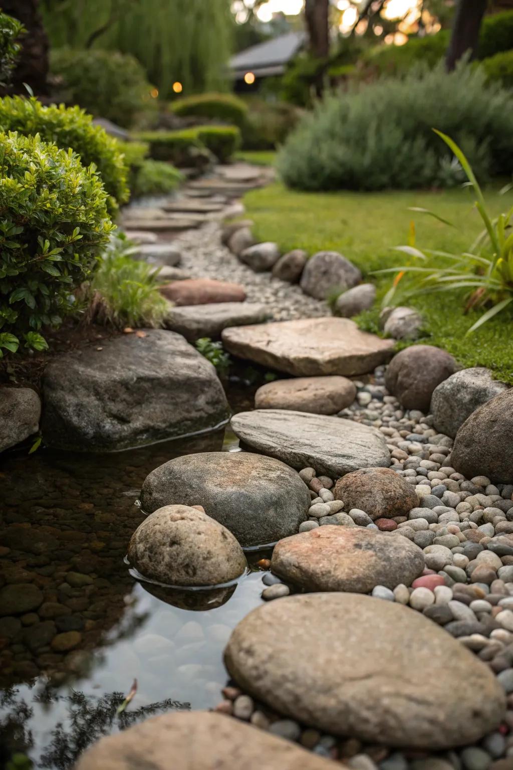 Perfect the skill of water movement with thoughtfully arranged garden stones for a functional and artistic garden touch.