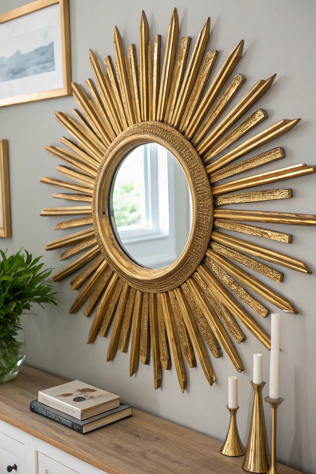 Illuminate your space with a DIY starburst reflecting surface that combines minimalist design with boho elegance.