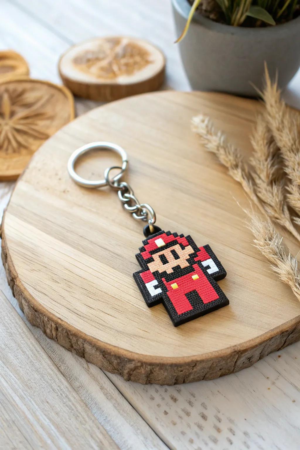 With this charming retro recreation adornment, a flawless fusion of pixelated whimsy and minimalist grace, unbolt sentimentality.