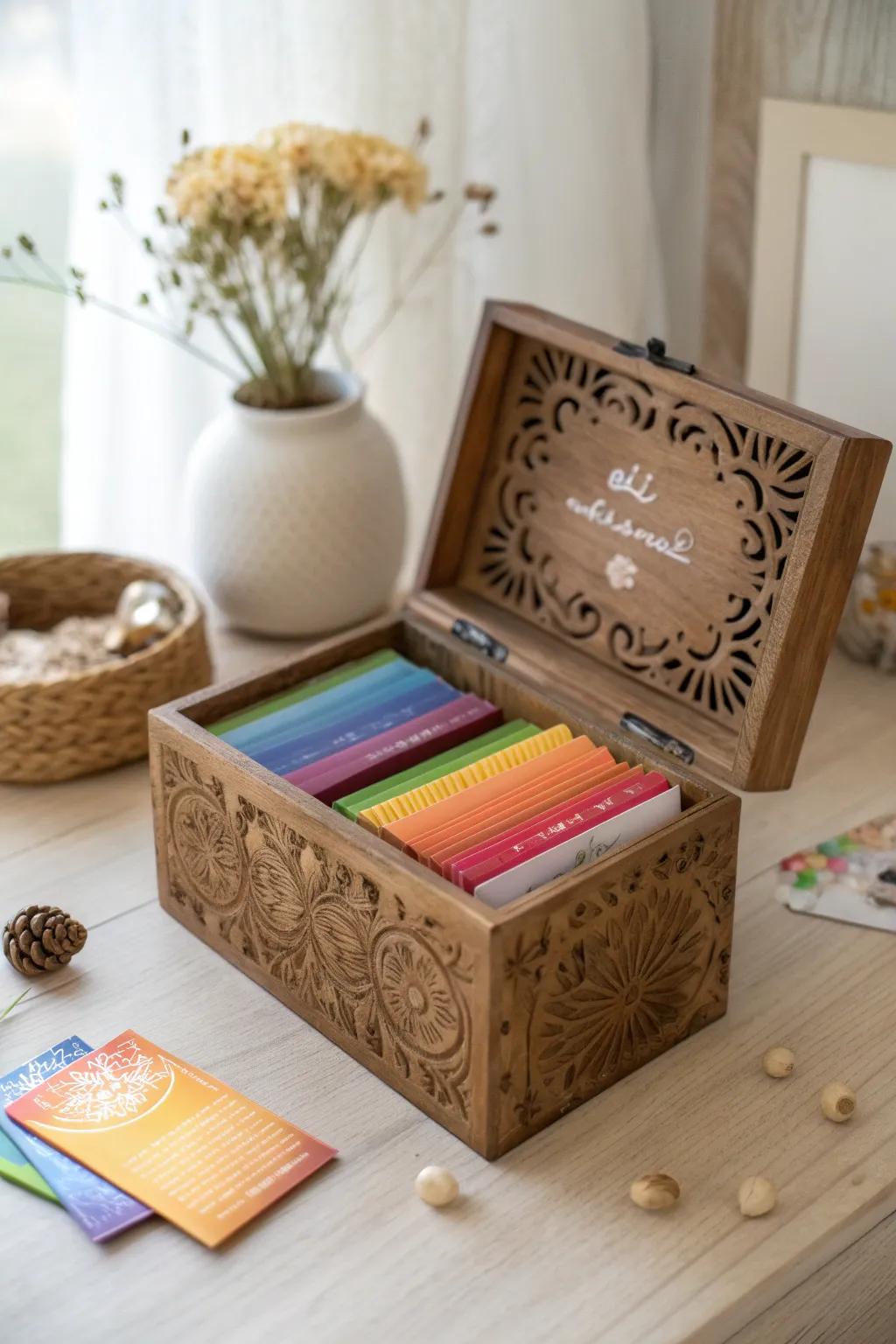 Unleash positivism through your personal assortment of galvanizing proverbs, exquisitely housed within a handcrafted box that merges minimalist sophistication through a bohemian nuance.