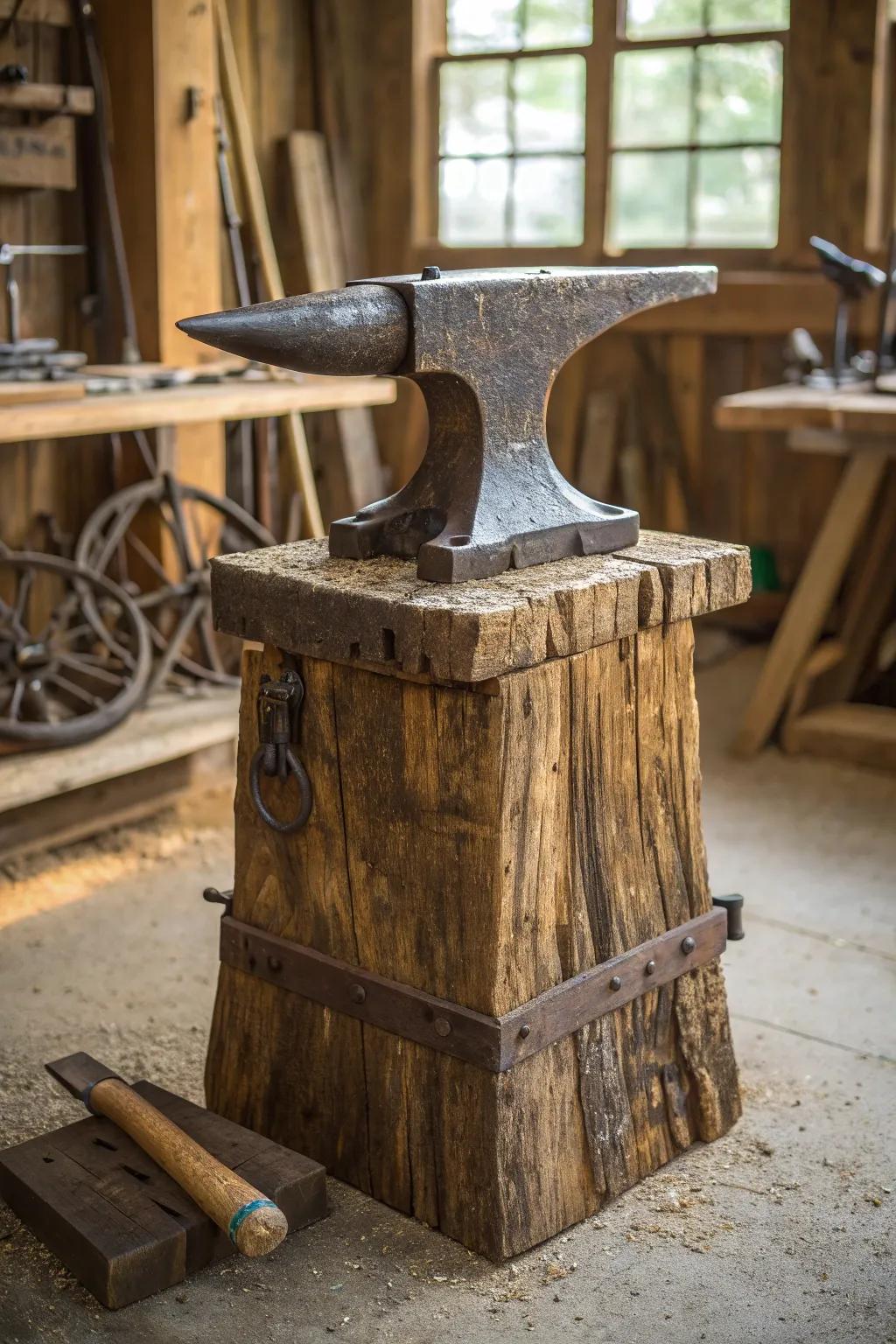 Reclaimed Timber Sophistication: An Anvil Stand with Tales in its Fiber