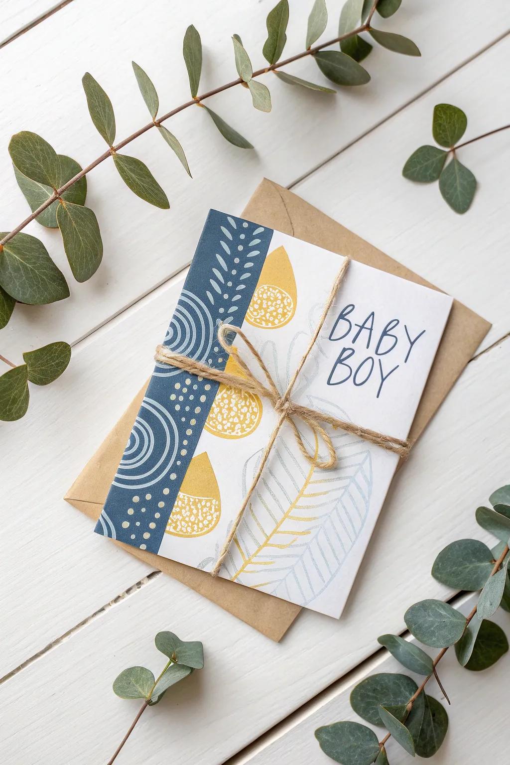 Celebrate with Earth-Kind Style: A Sustainable Baby Boy Card Crafted with Love.