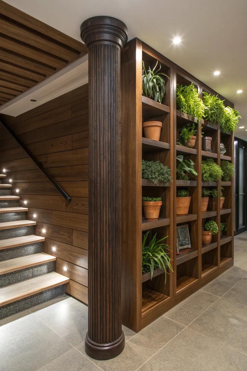 Change your basement column into a stunning centerpiece with multifunctional shelving that marries style and practicality.