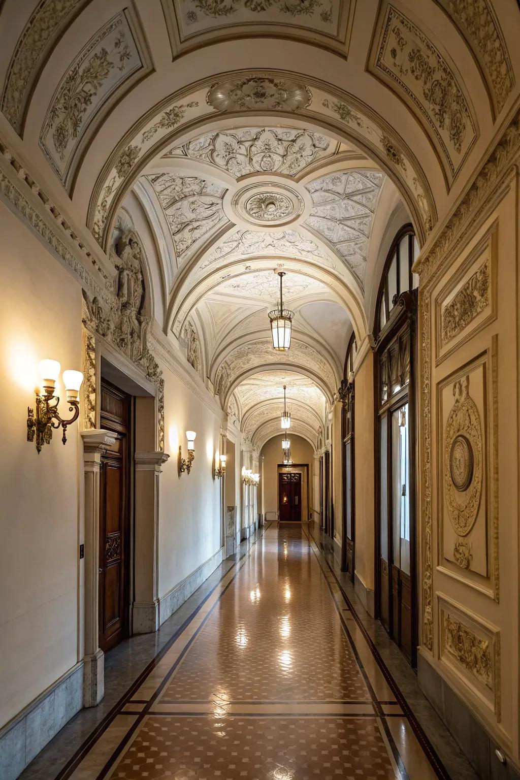 Ceiling detailing adds architectural curiosity to the corridor.