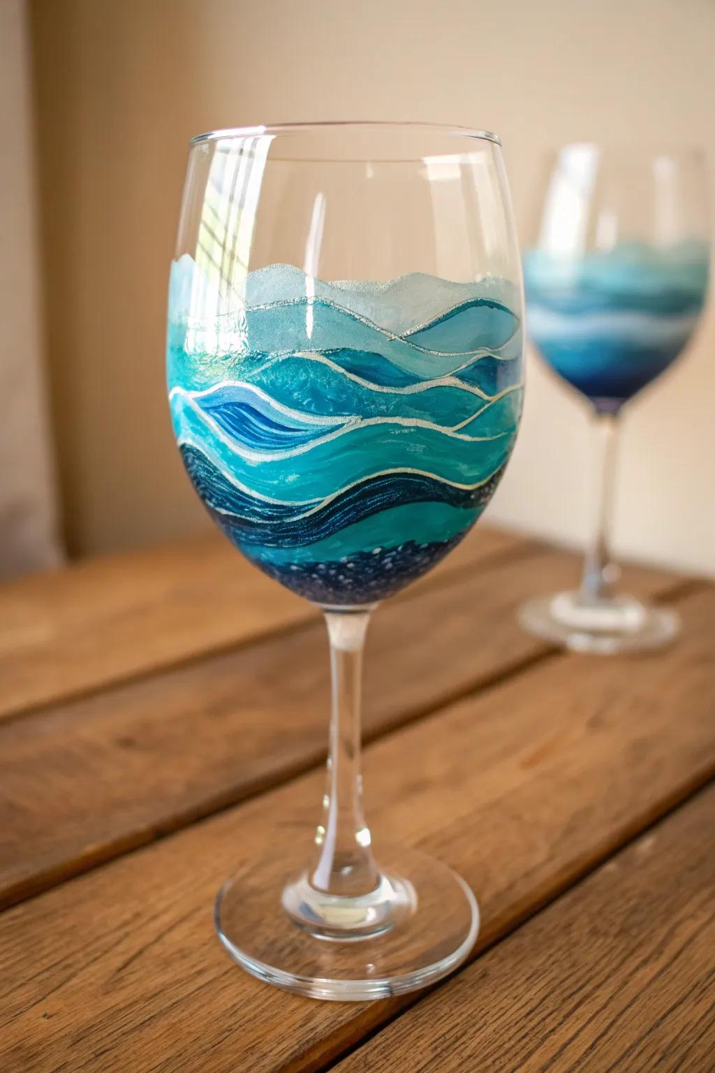 Embrace serenity with hand-painted gentle swells for your wine glass, optimal for a tranquil evening.