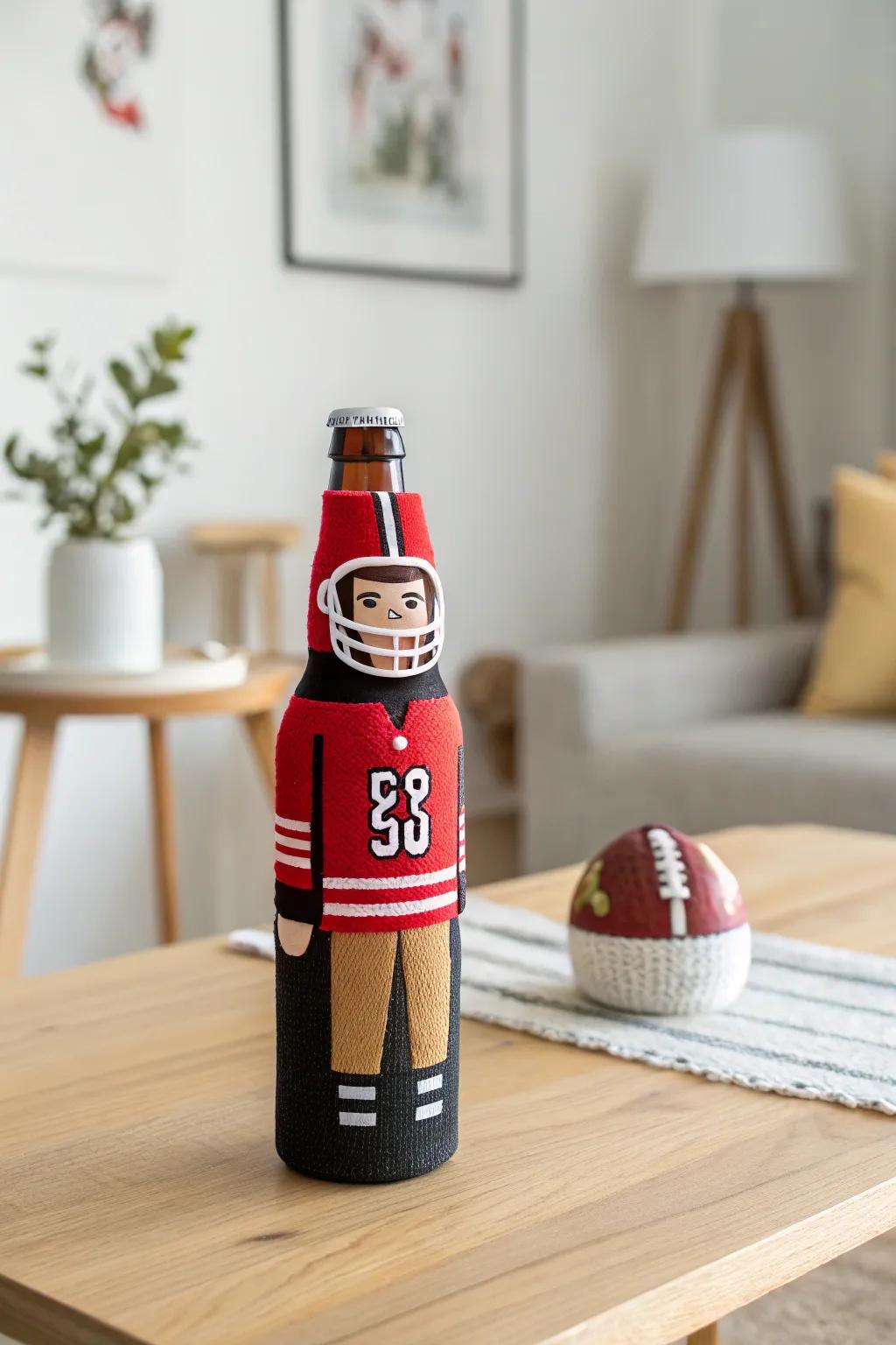 With this hand-made football player bottle buddy, score in style!