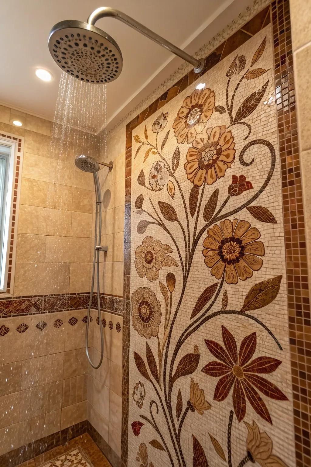 Botanical mosaics bear elegance and a feminine contact to chocolate tile showers.