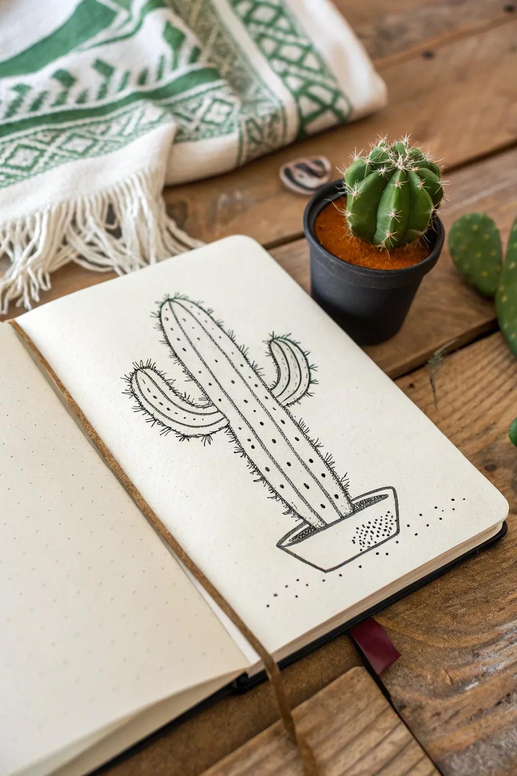 Elevate your journal with minimalist cactus doodles—where simplicity meets natural beauty.