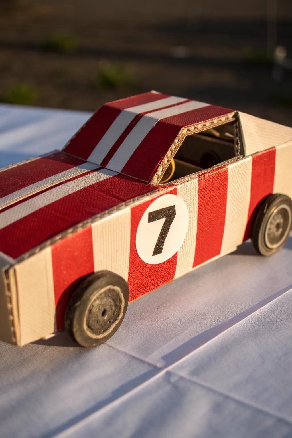 Boost your creativity with this handcrafted cardboard race car, complete with timeless racing accents and a striking digit!