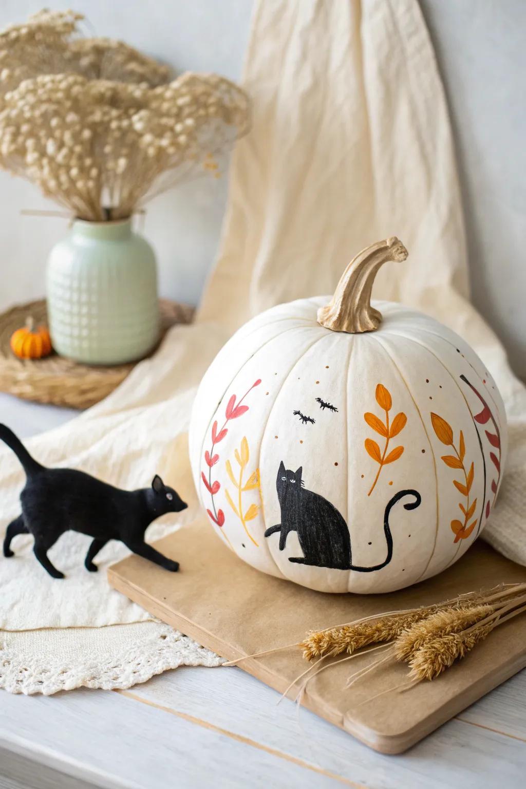 Chase the autumn spirit with this whimsical feline-and-rodent pumpkin design!