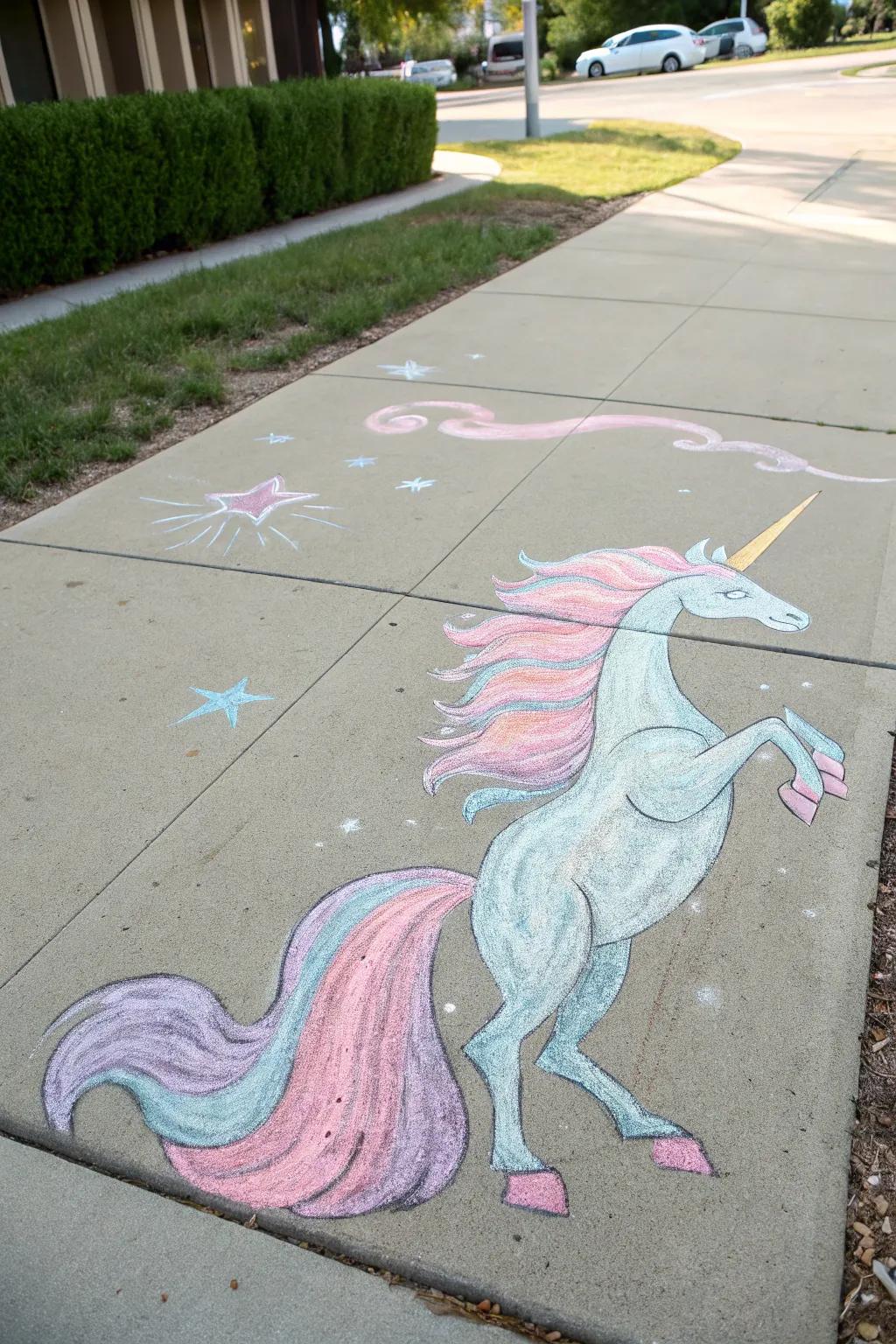 Unleash your visualization accompanied by this enchanting unicorn chalk artistry!