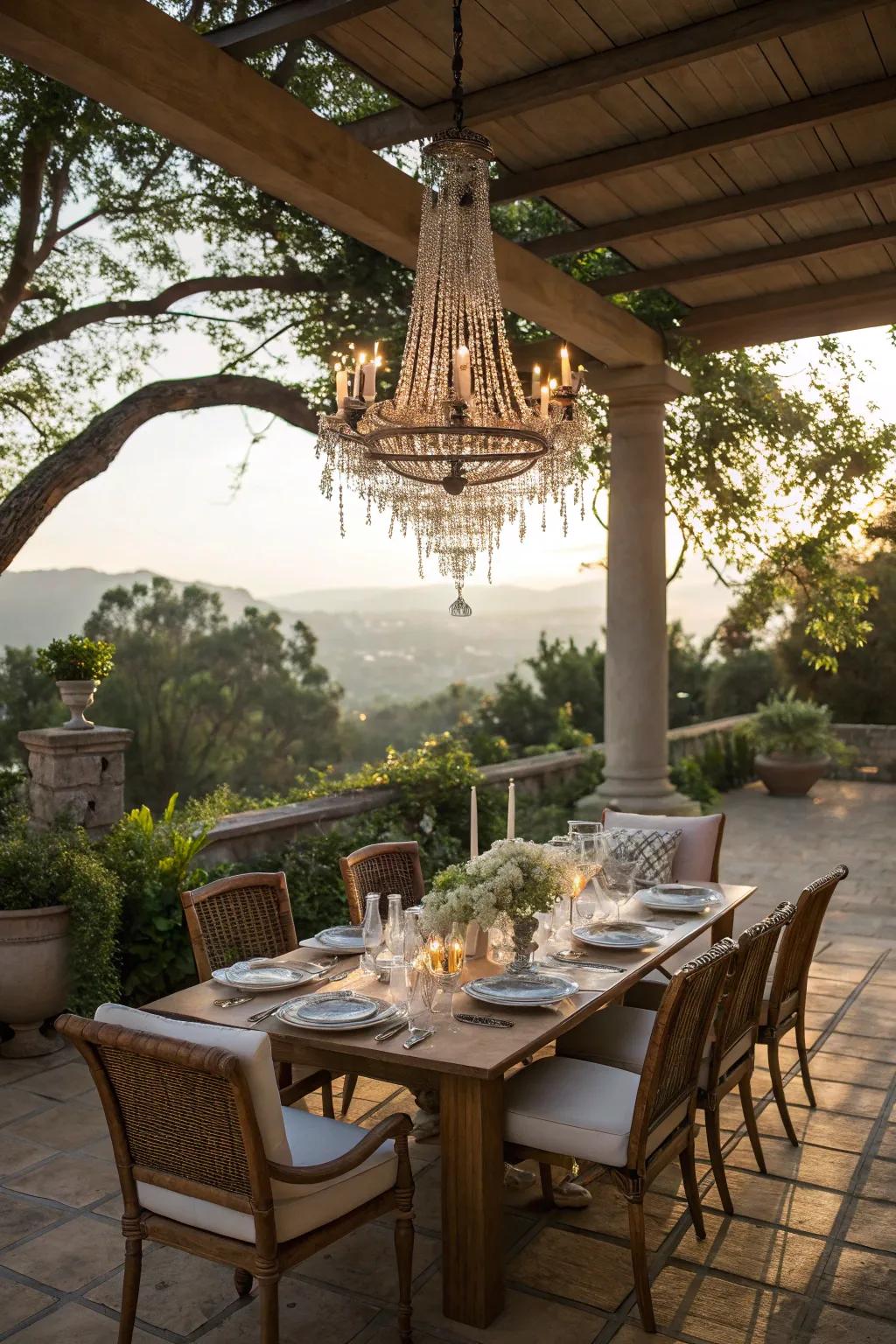 A graceful outdoor deck features a chandelier adding indoor opulence.