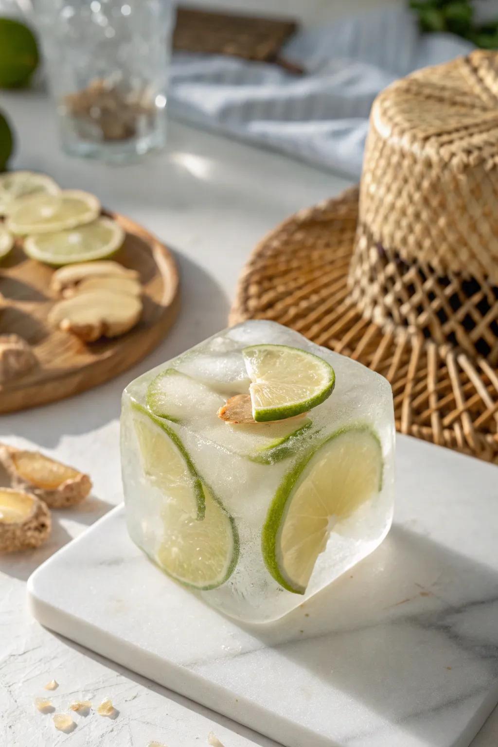 Elevate your holiday mixed drinks with ginger and lime ice gems—where simplicity meets bold flavors.