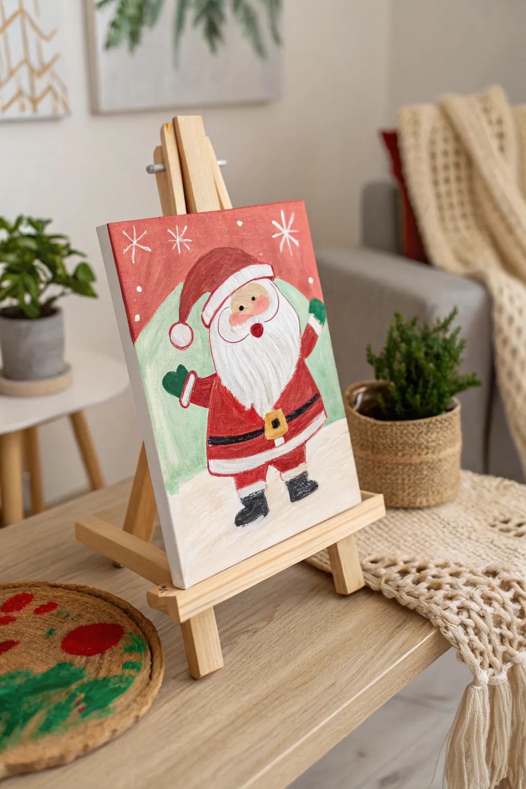 Capture the joy of the season with a child's vibrant Santa painting, a perfect blend of bold colors and minimalist charm.