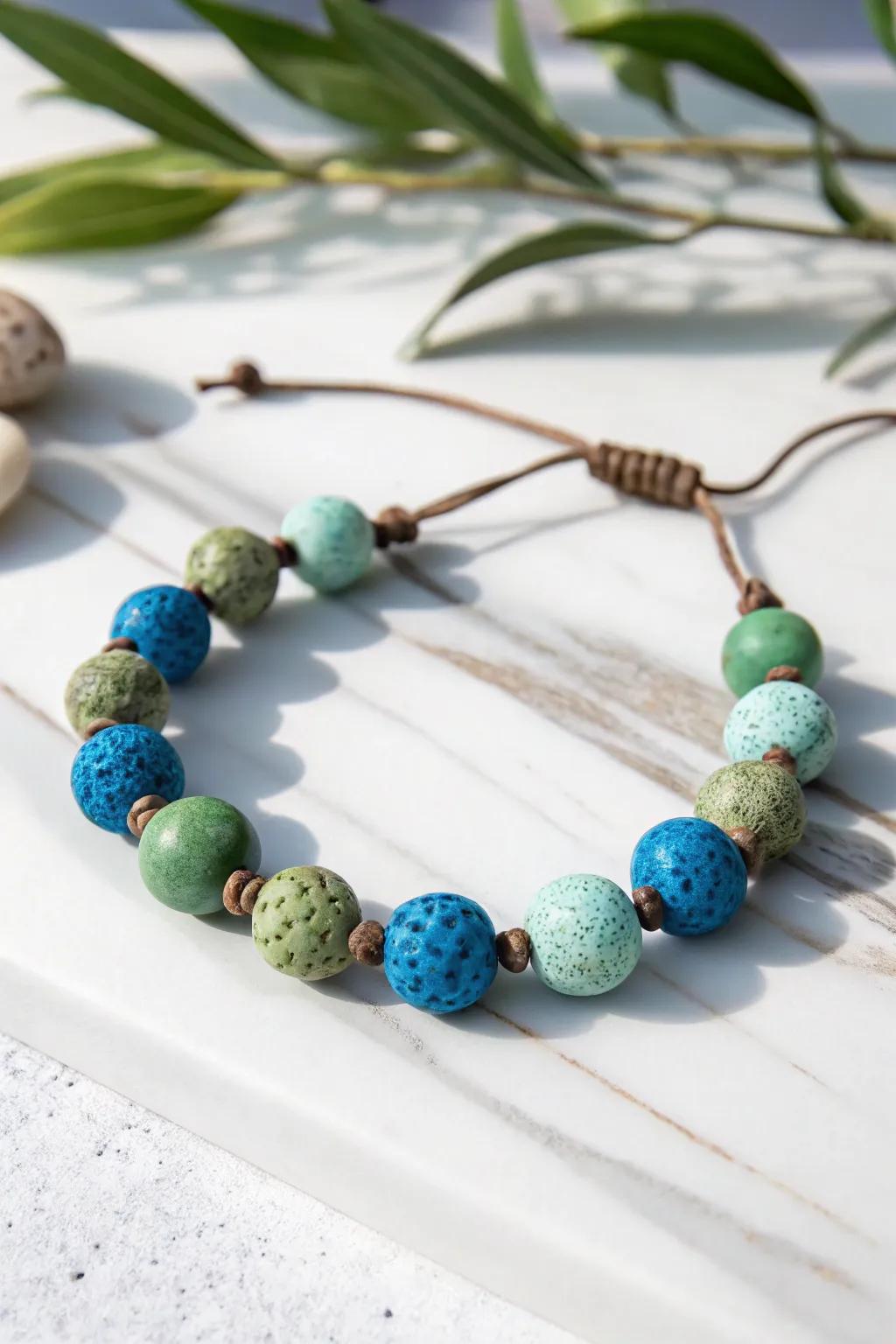 Capture nature's magnificence with an artisanal sapphire and emerald clay bead bracelet.