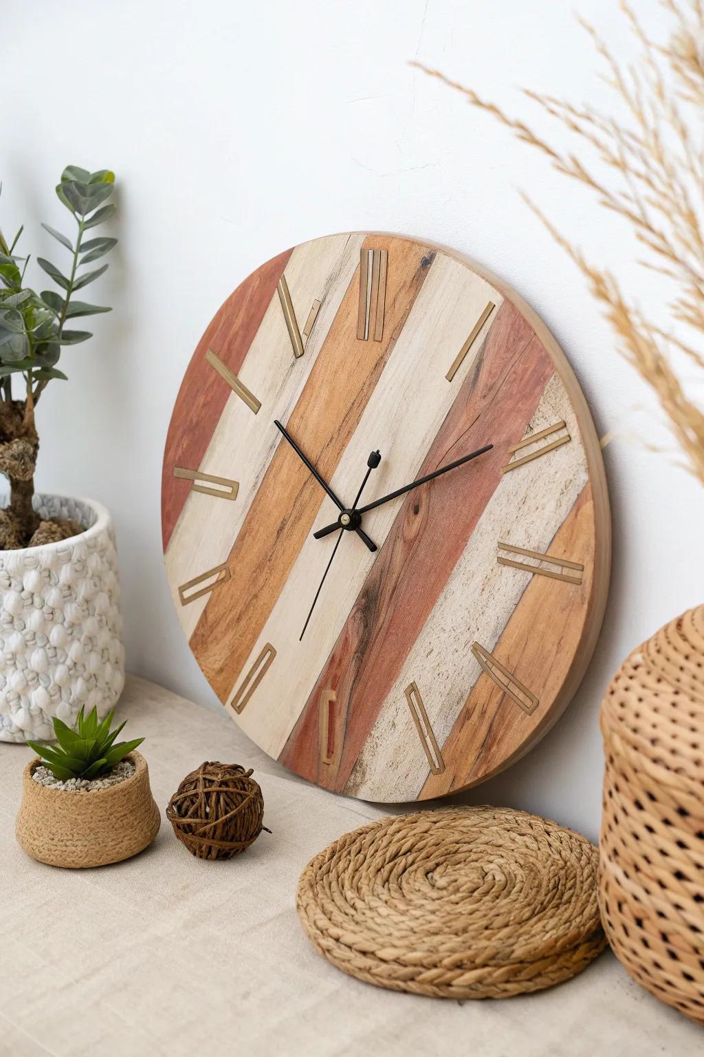 Seize time through bucolic allure: A minimalist timepiece exhibiting faux timber grain for a snug, farmhouse sensation.