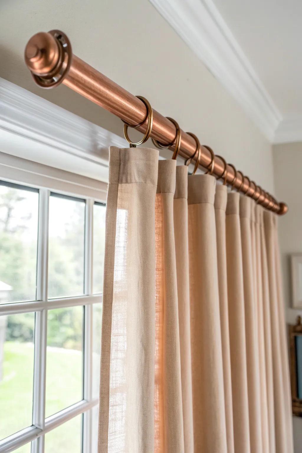 Enhance your room with the eternal beauty of a copper pipe window covering rod.