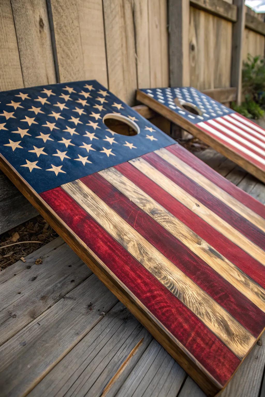 Celebrate elegantly through a handcrafted cornhole board exhibiting your loyalty to the nation.
