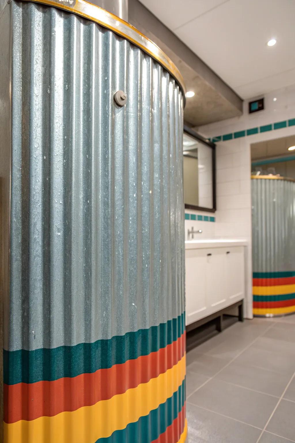 Elevate your bathroom style with vibrant trims that add a splash of personality to your corrugated metal shower.