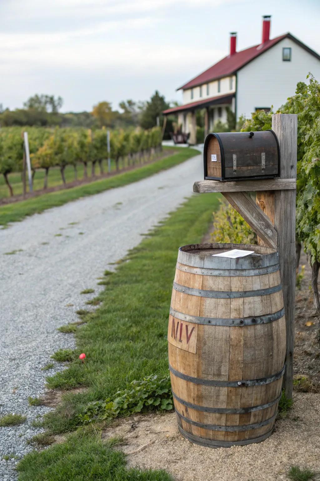 Elevate your home's appeal with a trace of rustic sophistication—recycled wine barrel mailbox amid vineyard charm.