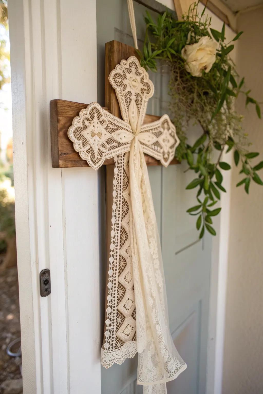 Embrace timeless elegance with a vintage lace cross door decoration, where simplicity merges with exquisite craftsmanship.