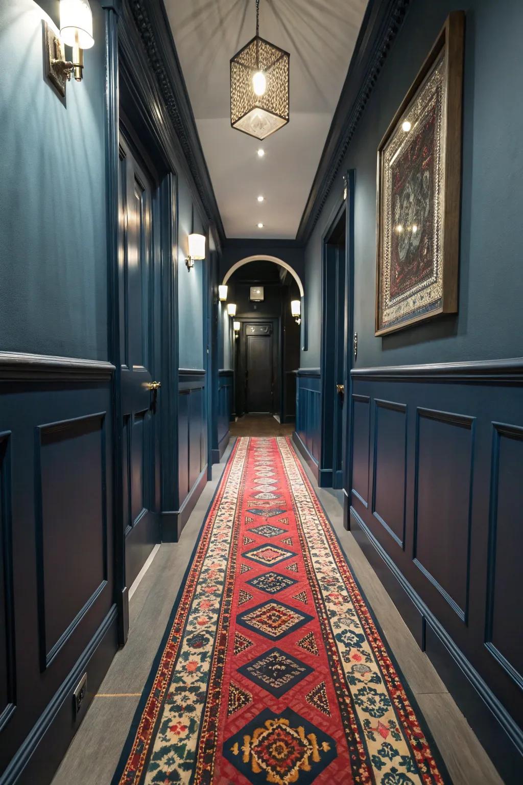 A vibrant runner appends surface and vivacity to a deep azure corridor.