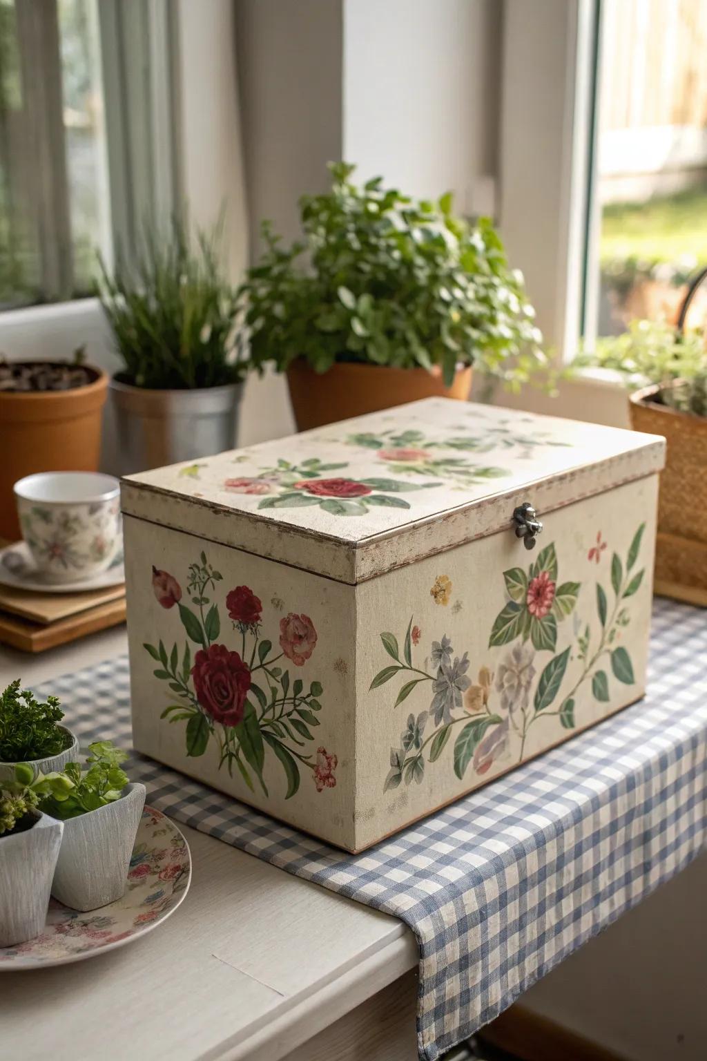 A botanical decoupage box, delivering a garden-inspired decorative pleasure.